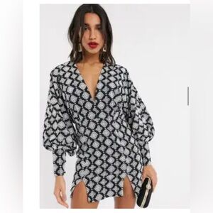 ASOS DESIGN structured blk/wht embroidered mini dress with ballon sleeve